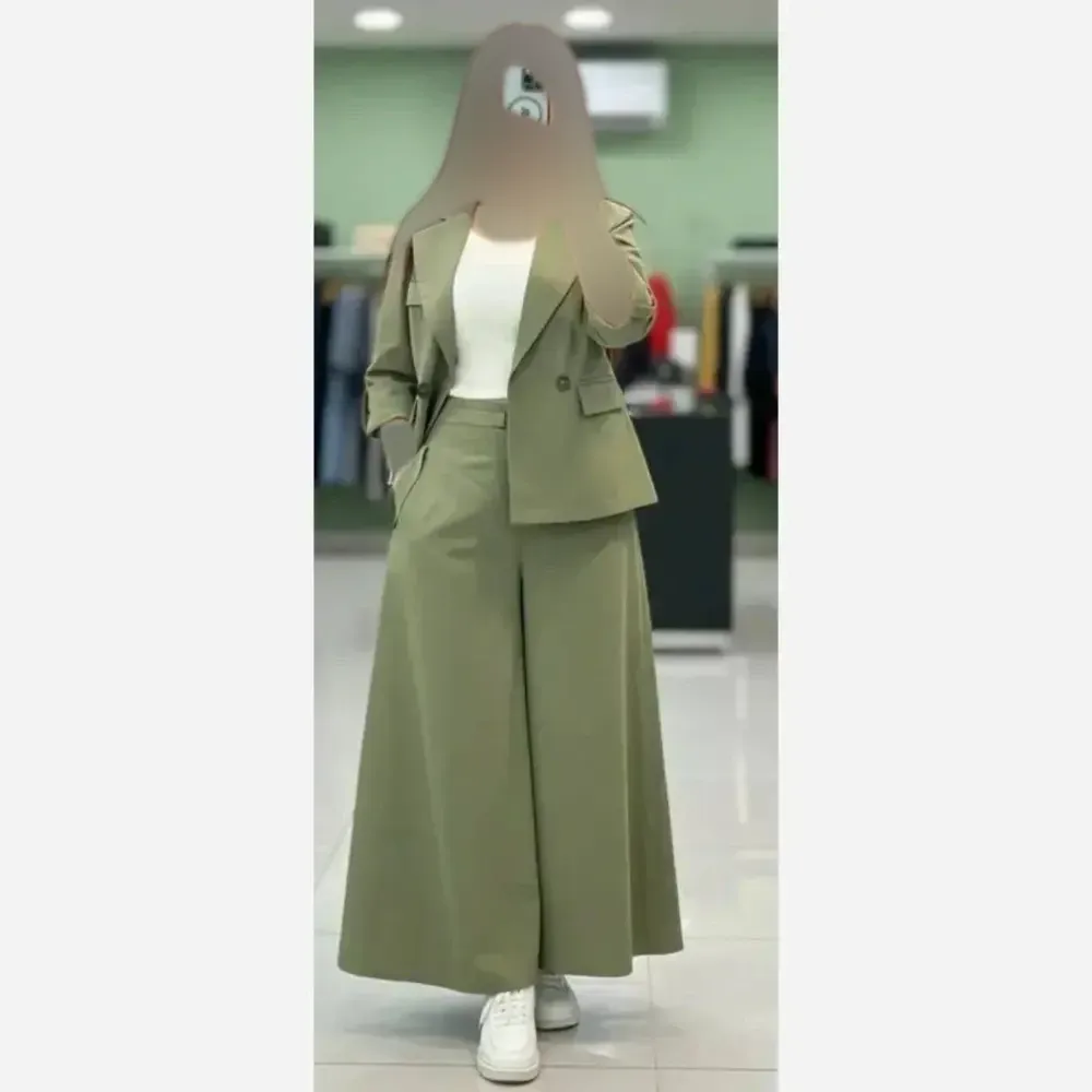 کت و دامن شلواری رویا لنین درجه یک در رنگ های سدری، مشکی، نسکافه ای و یشمی سایز 1 و 2