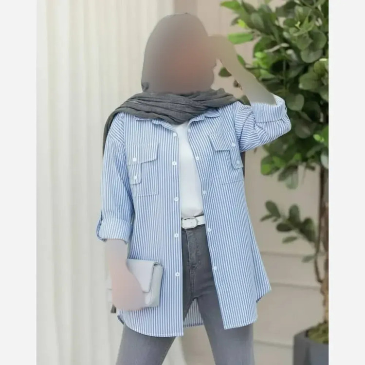 بلوز نخی زنانه راه راه جیب صلیبی فری سایز طوسی آبی