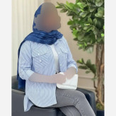 بلوز نخی زنانه راه راه جیب صلیبی فری سایز طوسی آبی