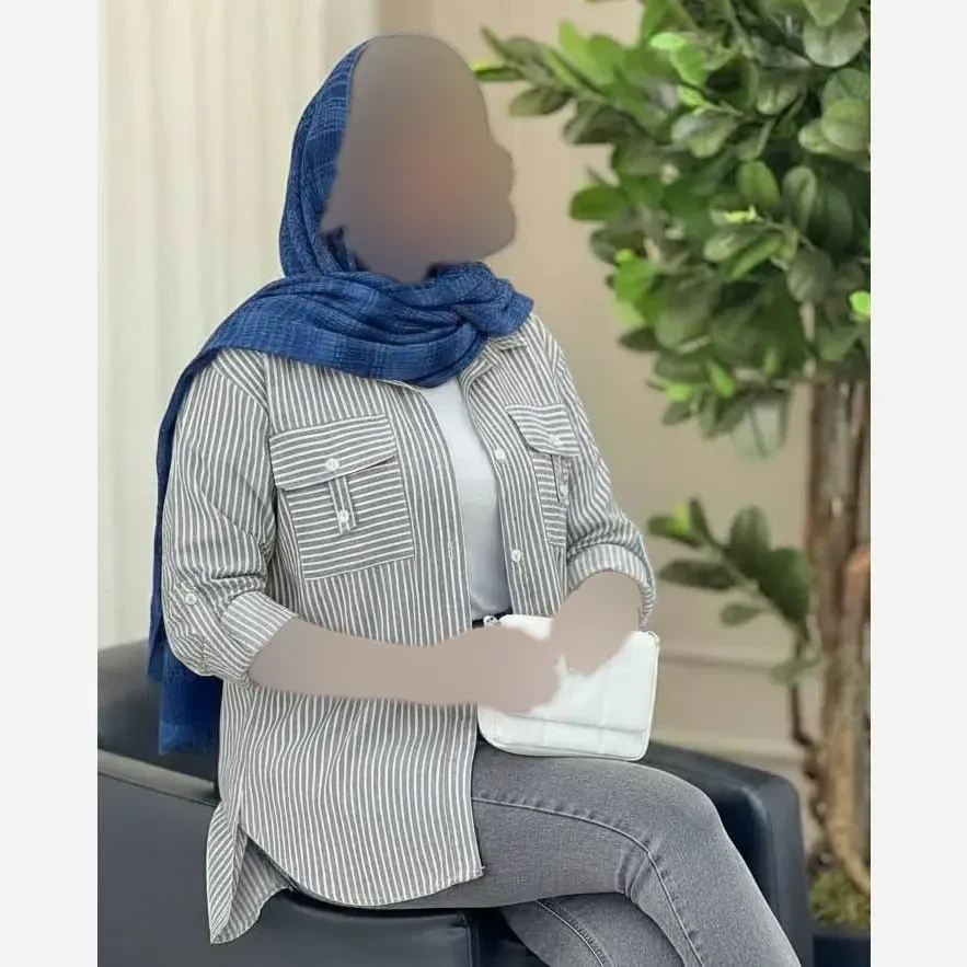 بلوز نخی زنانه راه راه جیب صلیبی فری سایز طوسی آبی