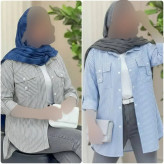 بلوز نخی زنانه راه راه جیب صلیبی فری سایز طوسی آبی