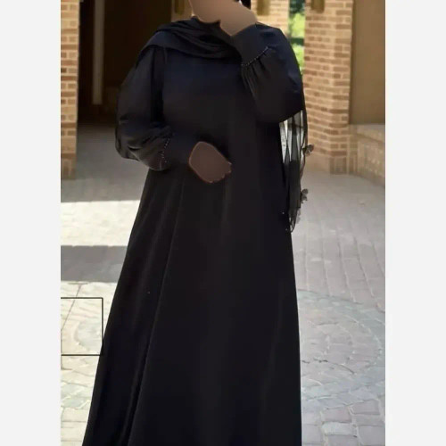 عبا مروارید زنانه جنس الیزه مشکی سایز فری تا 50 قد 135 بند تنظیم سایز کیفیت مزونی