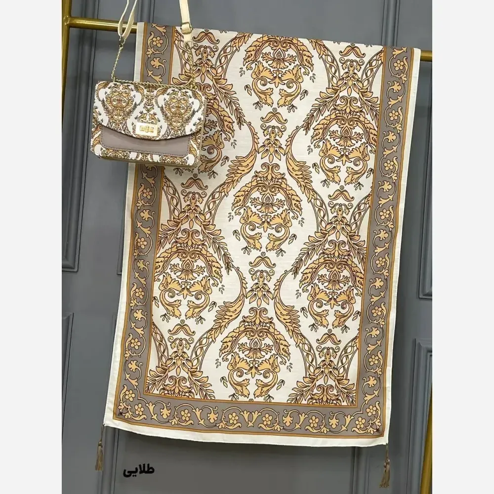 ست کیف و شال الیزابت مخمل چرم صنعتی نخی اعلا منگوله دار قفل دار مشکی طلایی سورمه ای