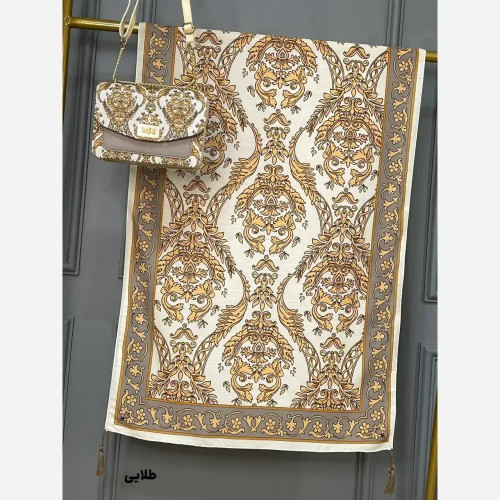 ست کیف و شال الیزابت مخمل چرم صنعتی نخی اعلا منگوله دار قفل دار مشکی طلایی سورمه ای