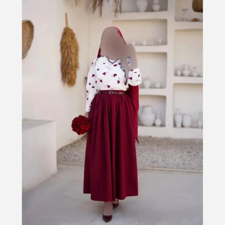 ست سه تیکه قلبی شومیز بوگاتی دامن پوبلین کتان فری سایز زنانه