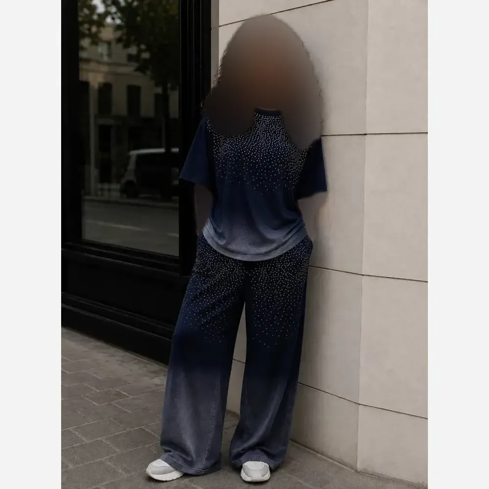 ست تیشرت شلوار زنانه کهکشان نگین جنس گلکسی نخ پنبه سایز فری 38 تا 48