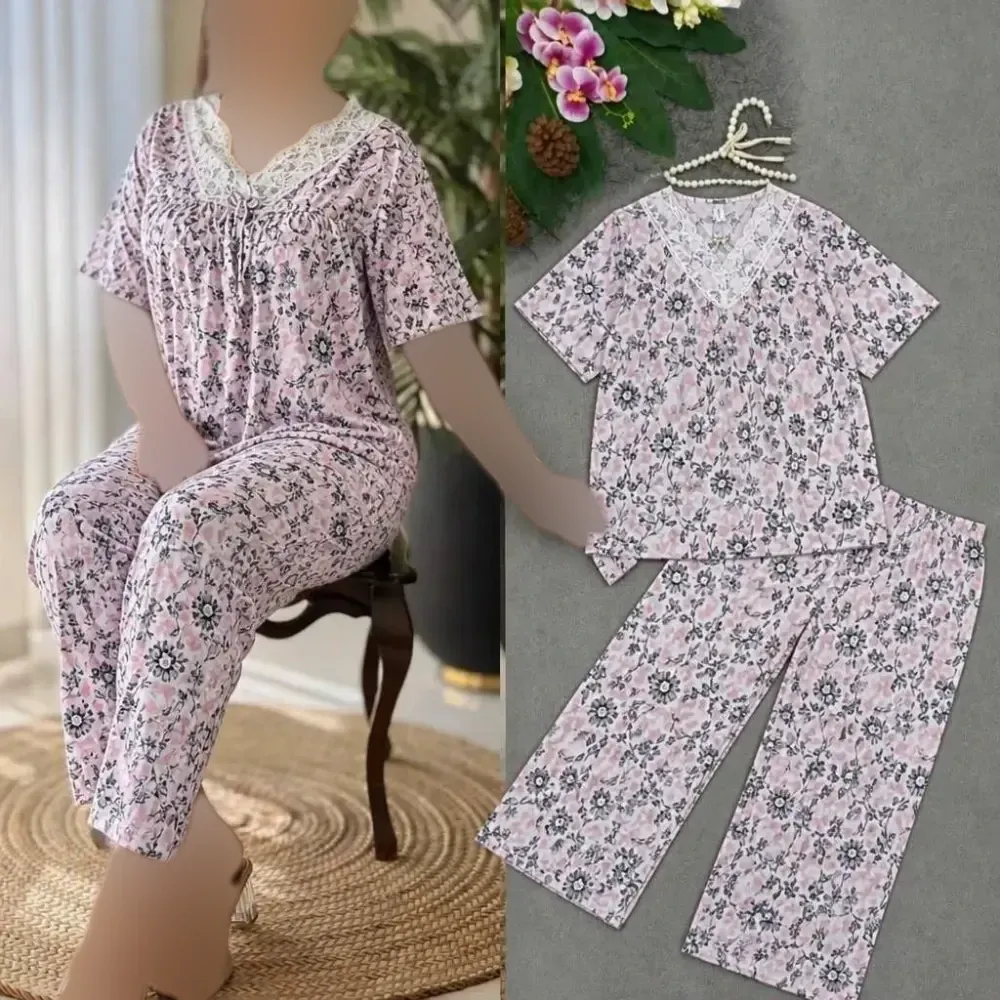 ست لباس راحتی زنانه وارداتی گیاهی فری سایز رنگ میخک