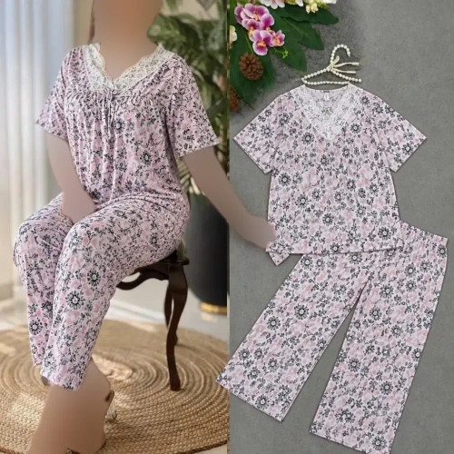 ست لباس راحتی زنانه وارداتی گیاهی فری سایز رنگ میخک