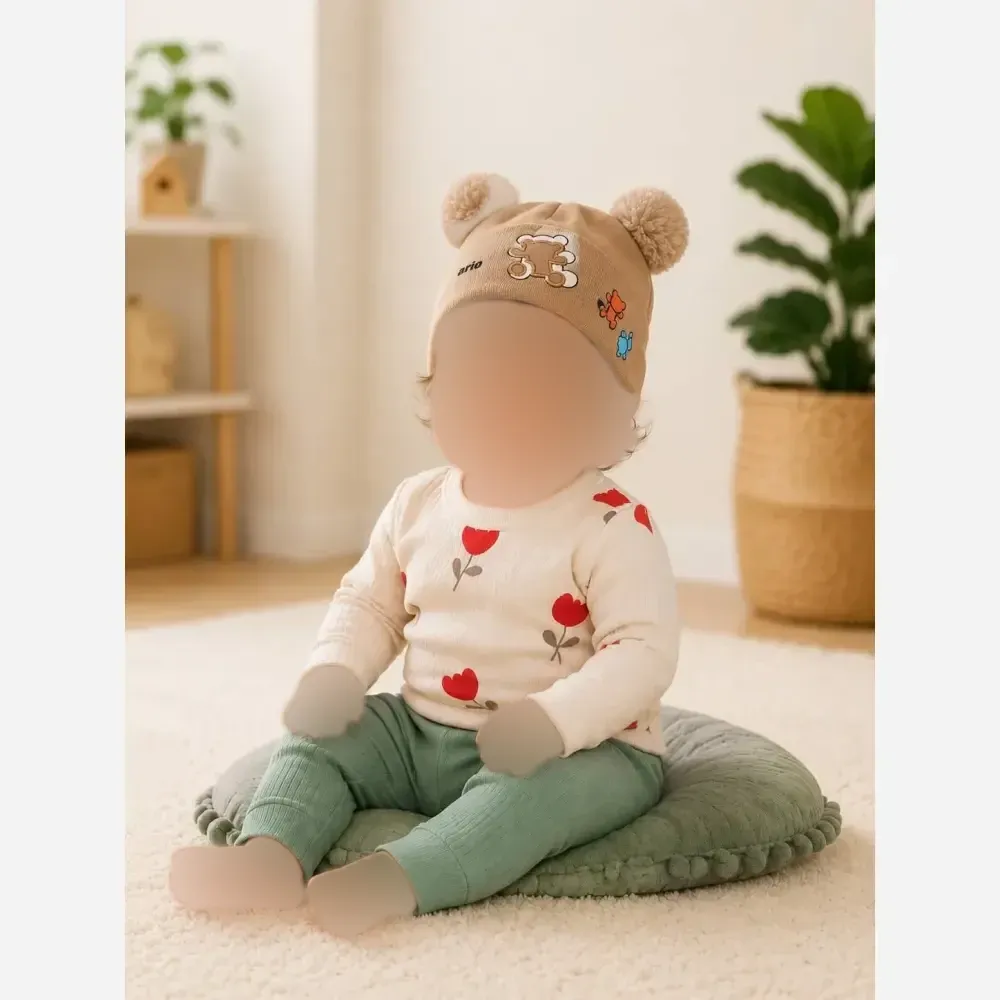 کلاه بچگانه تدی تریکو گرم بالا با چاپ و گلدوزی رنگ مشکی طوسی استخوانی نسکافه ای سایز 1 و 2