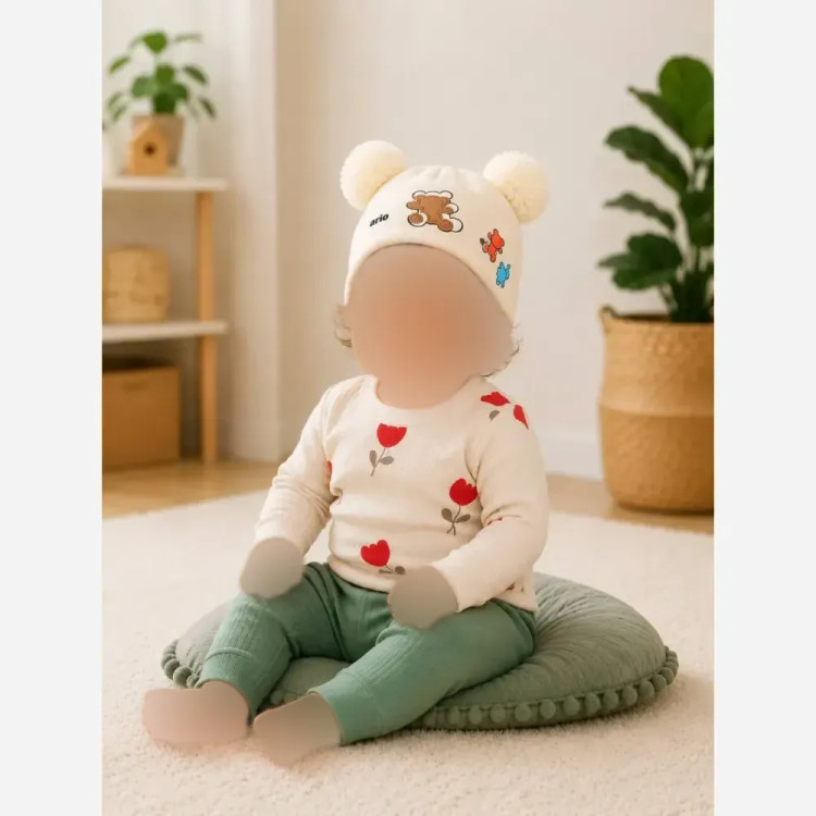کلاه بچگانه تدی تریکو گرم بالا با چاپ و گلدوزی رنگ مشکی طوسی استخوانی نسکافه ای سایز 1 و 2