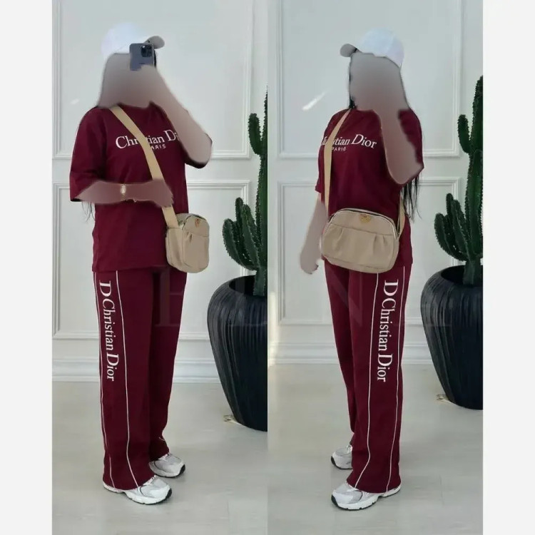 ست تیشرت و شلوار زنانه طرح کریستین دیور پنبه گلکسی فری سایز