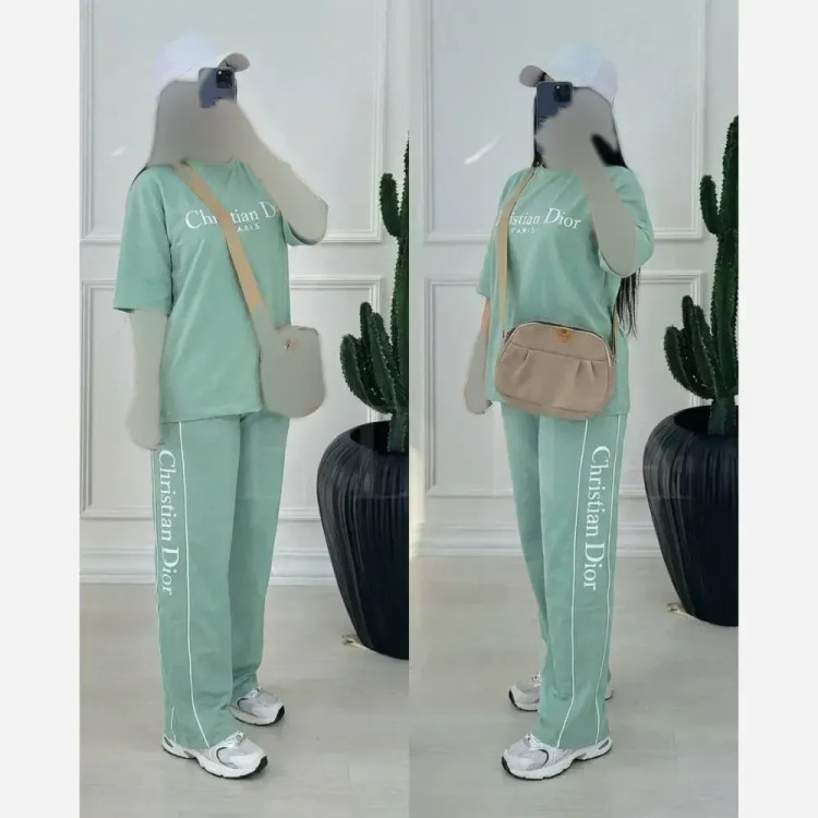 ست تیشرت و شلوار زنانه طرح کریستین دیور پنبه گلکسی فری سایز