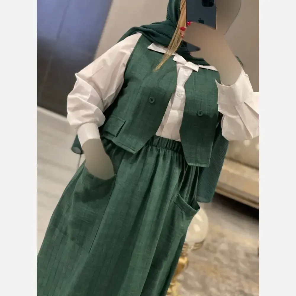 ست سه تیکه شومیز جلیقه و دامن مدل ژینا جنس شانتون