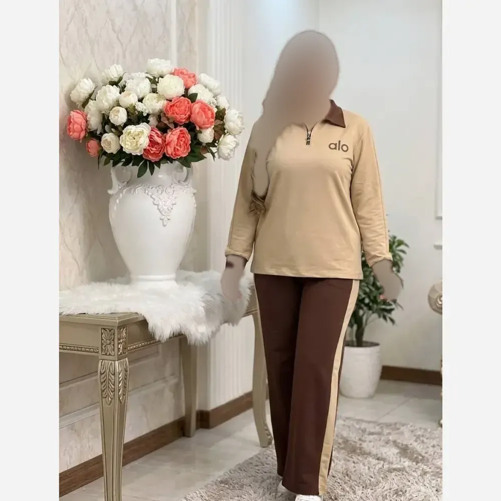 ست نیم زیپ زنانه جنس گلکسی نخ پنبه رنگ کرم و شکلاتی فری سایز