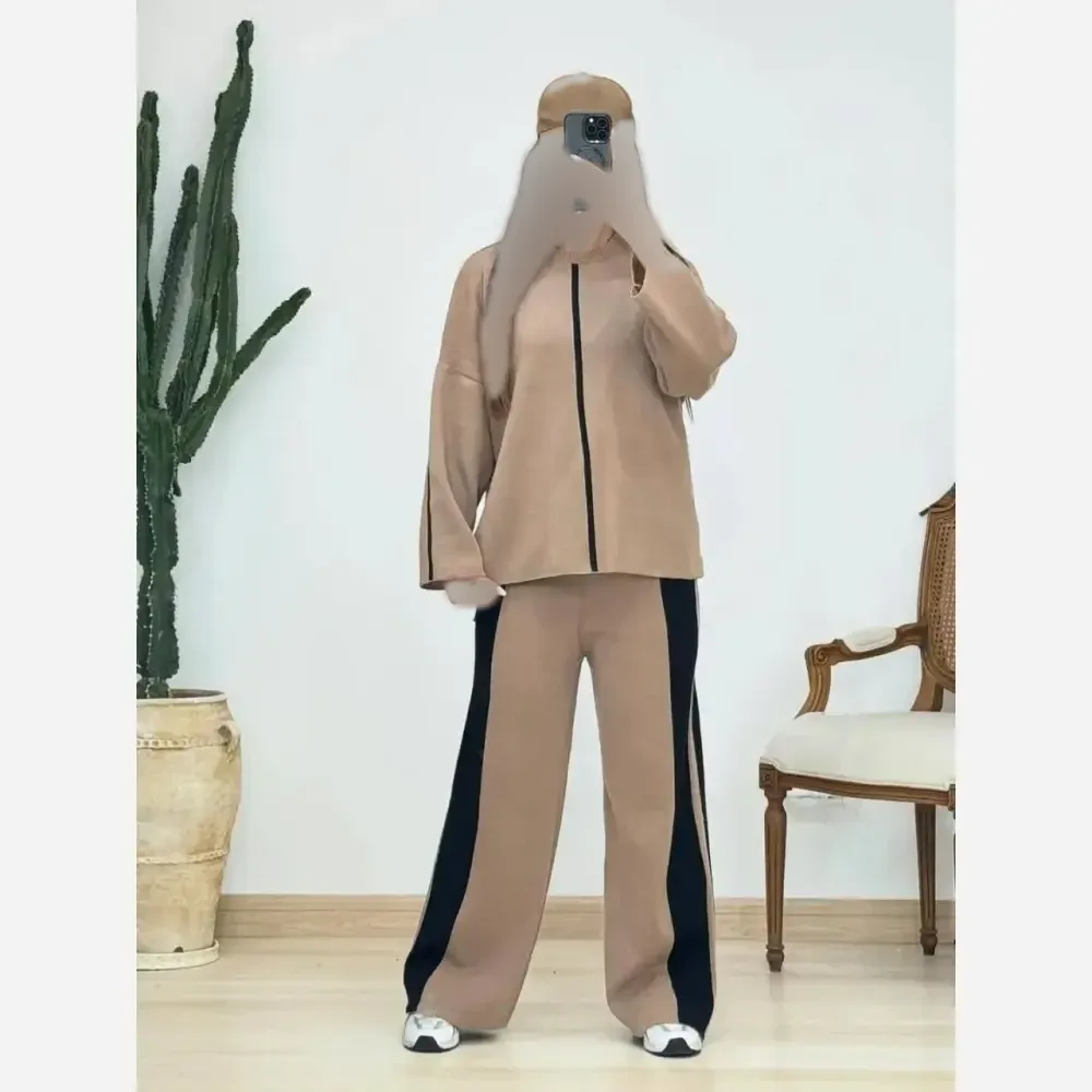 ست بافت زنانه بغل خط سه نخ درجه یک رنگ استخونی فری سایز