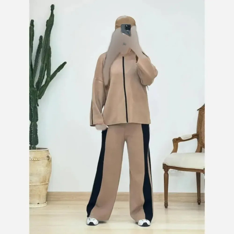 ست بافت زنانه بغل خط سه نخ درجه یک رنگ استخونی فری سایز
