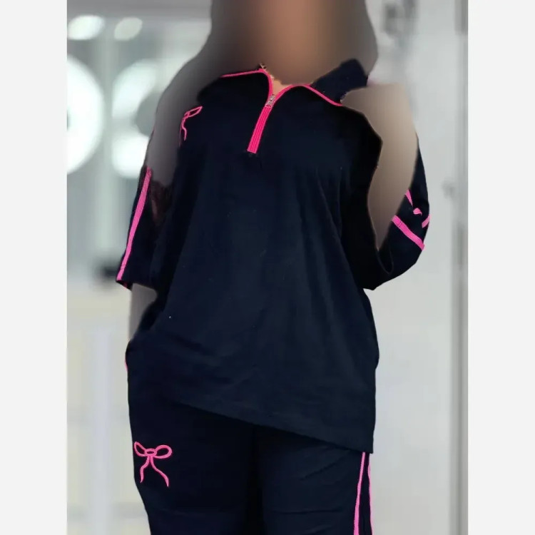 ست تیشرت و شلوار زنانه نخ پنبه ژاله رنگ صورتی مشکی سایز فری 38 تا 46