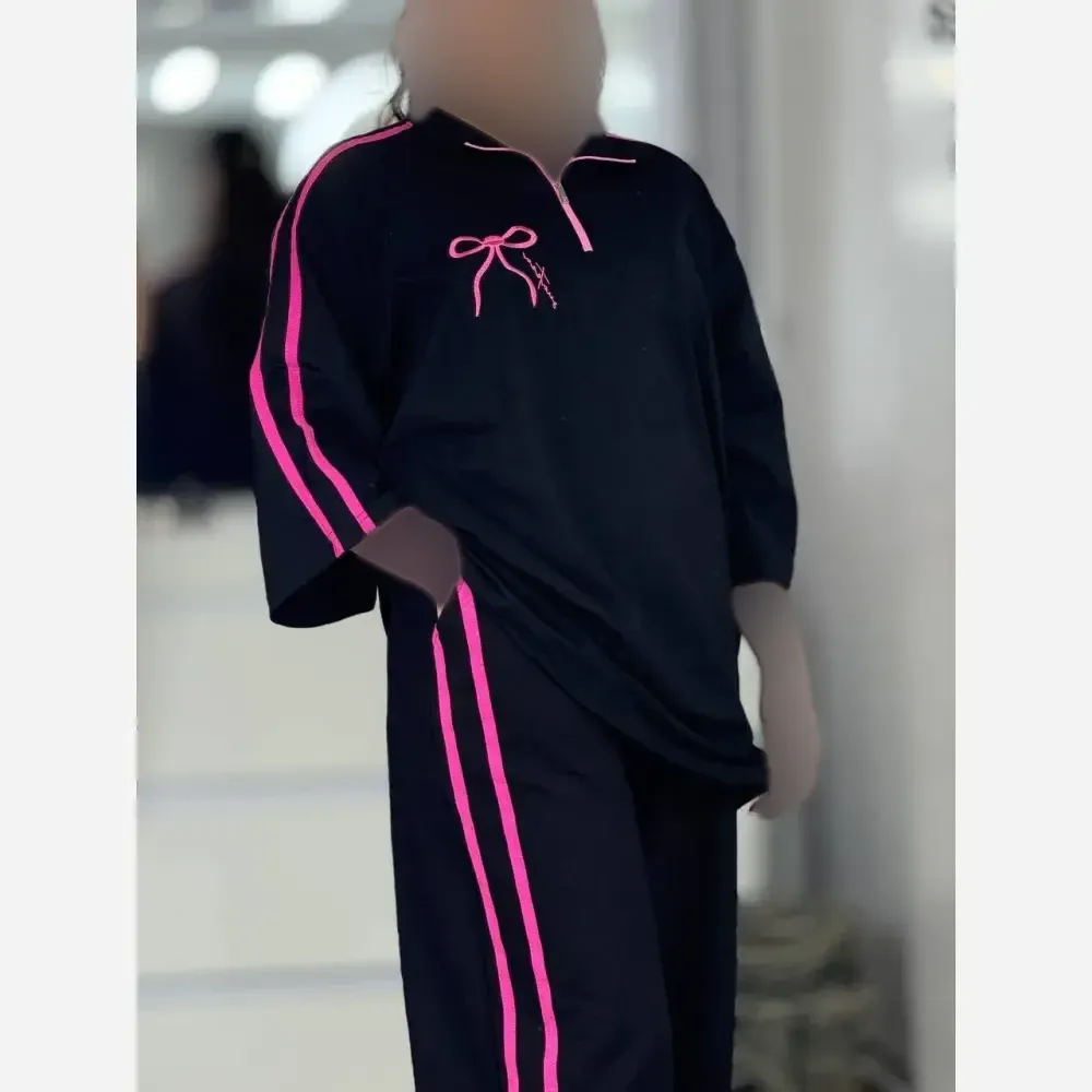 ست تیشرت و شلوار زنانه نخ پنبه ژاله رنگ صورتی مشکی سایز فری 38 تا 46