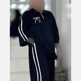 ست تیشرت و شلوار زنانه نخ پنبه ژاله رنگ صورتی مشکی سایز فری 38 تا 46