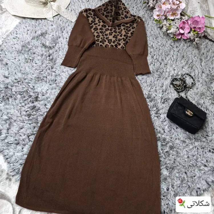 کفتان بافت اکریلیک مدل پلنگی ساعت شنی کلاه دار سایز 38 تا 50
