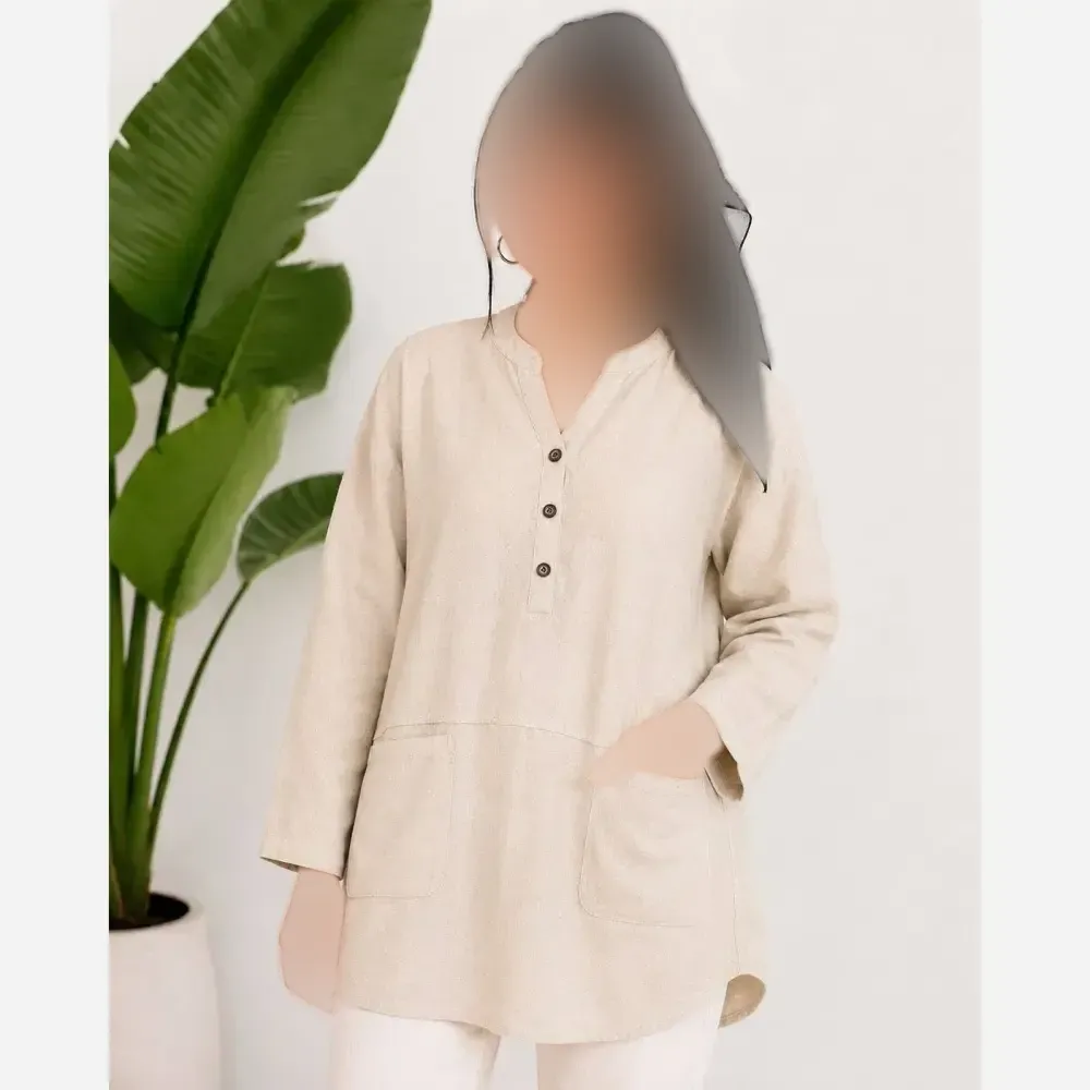 تونیک جلو بسته لنین روژین رنگ کرم سرخابی سفید سایز فری زنانه