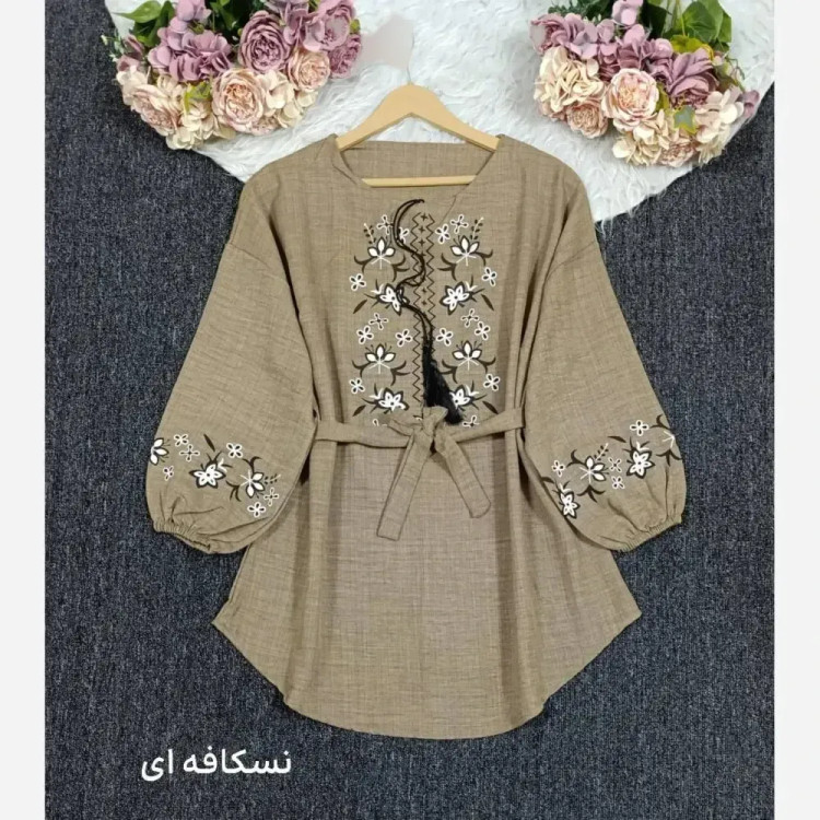 شومیز شانتون اعلا طرحدار کمربندار فری سایز آبی نسکافه ای استخوانی سبز
