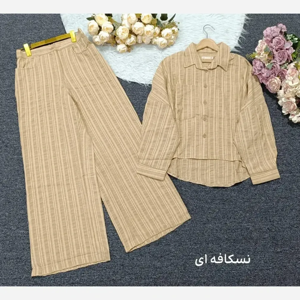 ست شومیز شلوار کوک دوزی نسکافه ای و سدری سایز 1 و 2