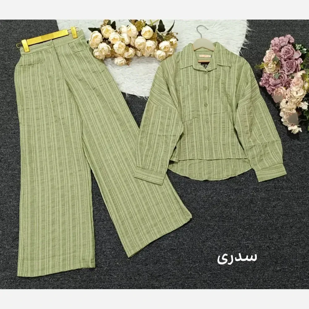 ست شومیز شلوار کوک دوزی نسکافه ای و سدری آستین کیمونو