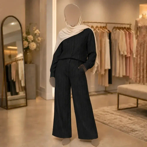 ست شومیز شلوار کوک دوزی نسکافه ای و سدری آستین کیمونو