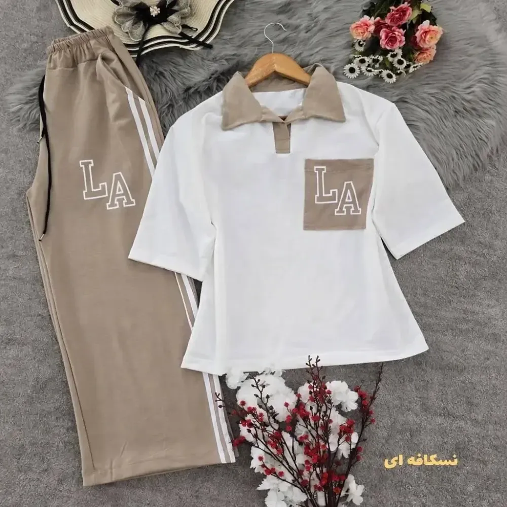 ست تیشرت و شلوار زنانه طرح ال ای جنس نخ پنبه با کیفیت فری سایز