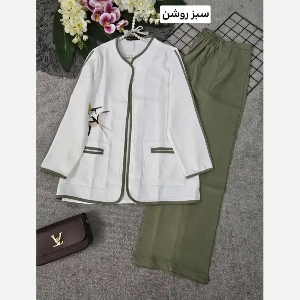 ست کت و شلوار زنانه مازراتی گلدوزی شده سفید فری سایز