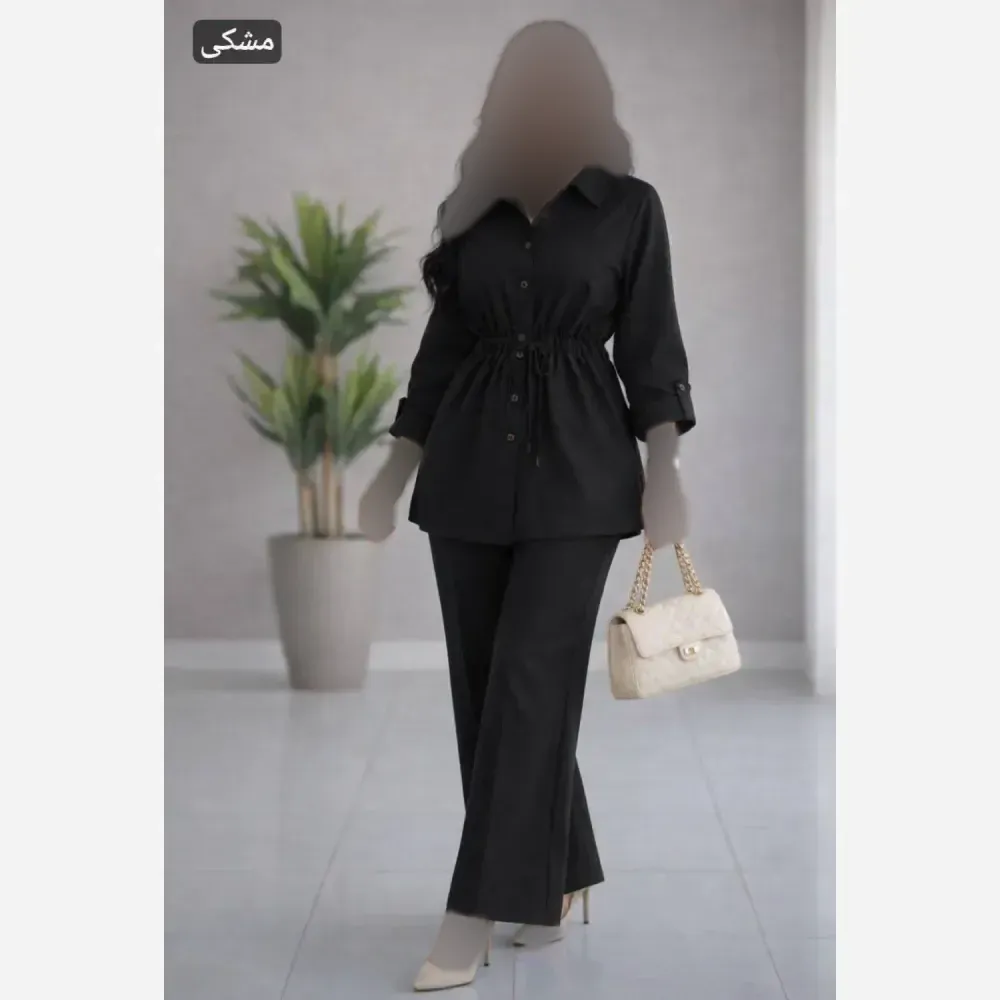 ست شومیز و شلوار زنانه مدل کمرگت سوپر شانتون درجه یک رنگ مشکی فری سایز