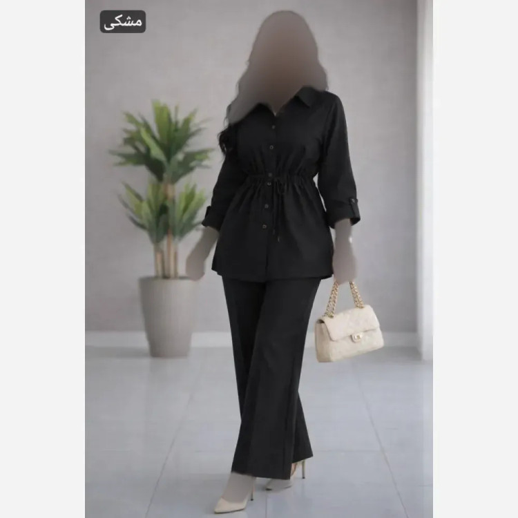 ست شومیز و شلوار زنانه مدل کمرگت سوپر شانتون درجه یک رنگ مشکی فری سایز
