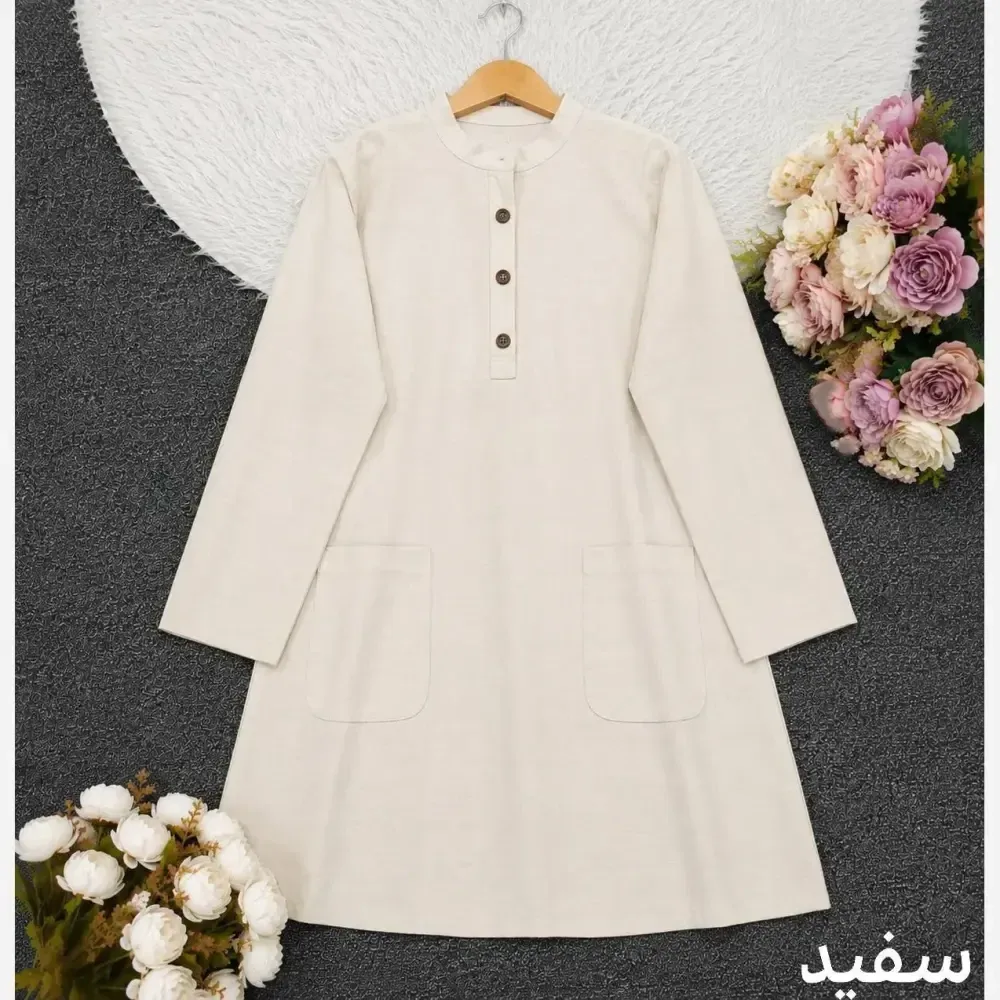 تونیک جلو بسته روژین جنس لنین مرغوب رنگ کرم سرخابی سفید سایز فری اسگو