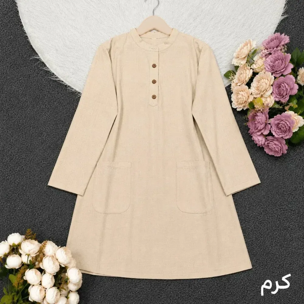تونیک جلو بسته روژین جنس لنین مرغوب رنگ کرم سرخابی سفید سایز فری اسگو