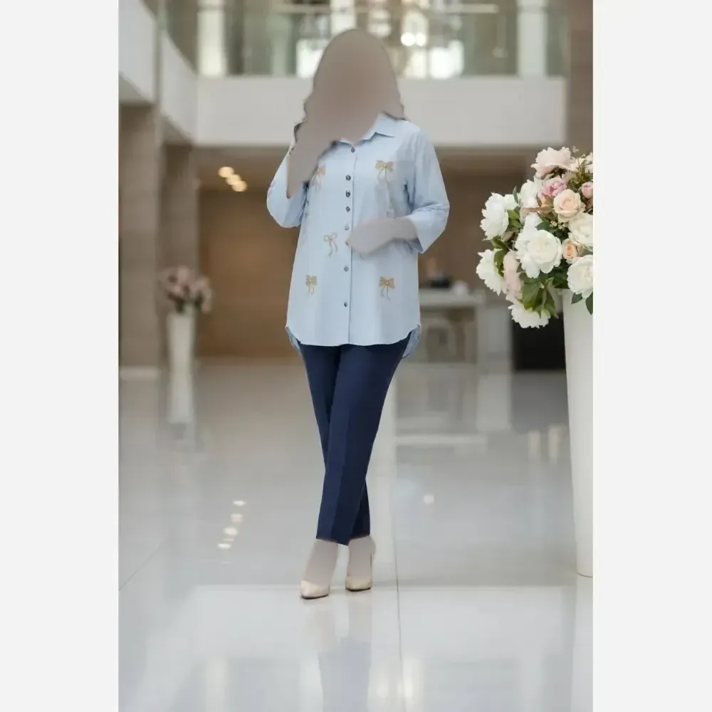 مانتو نیلا لنین پنبه گلدوزی خنک و تابستانه فری سایز