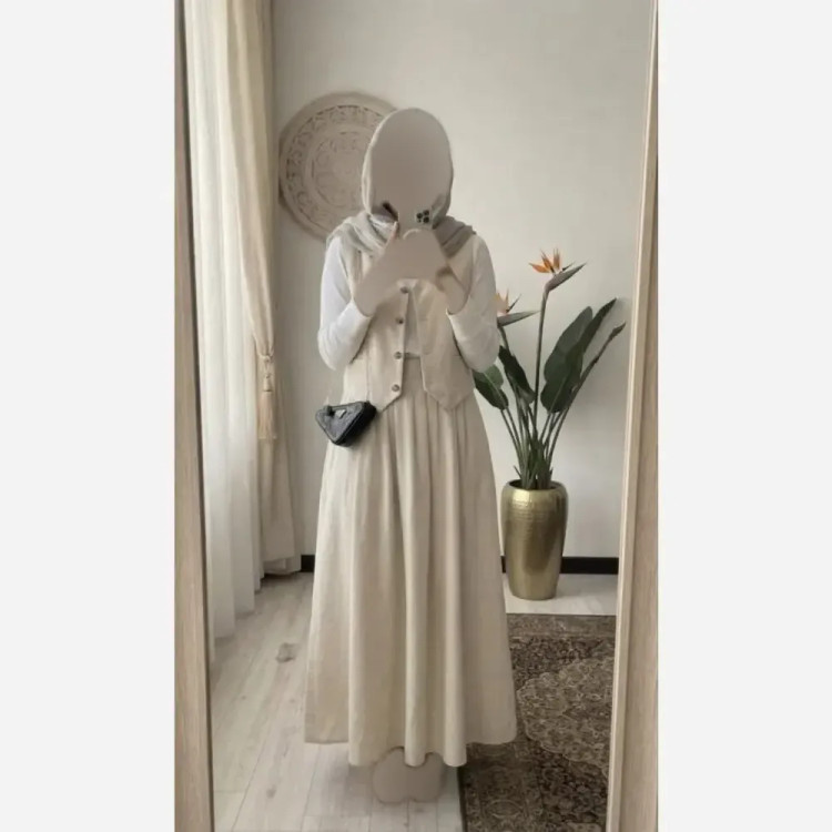 ست سه تیکه لنین کتان مدل الین رنگ کرم