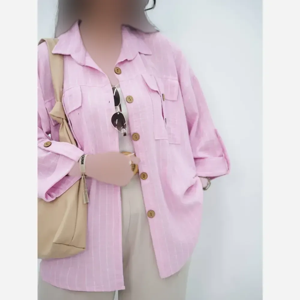 مانتو راه راه جیب صلیبی لنین اعلا صورتی فری سایز