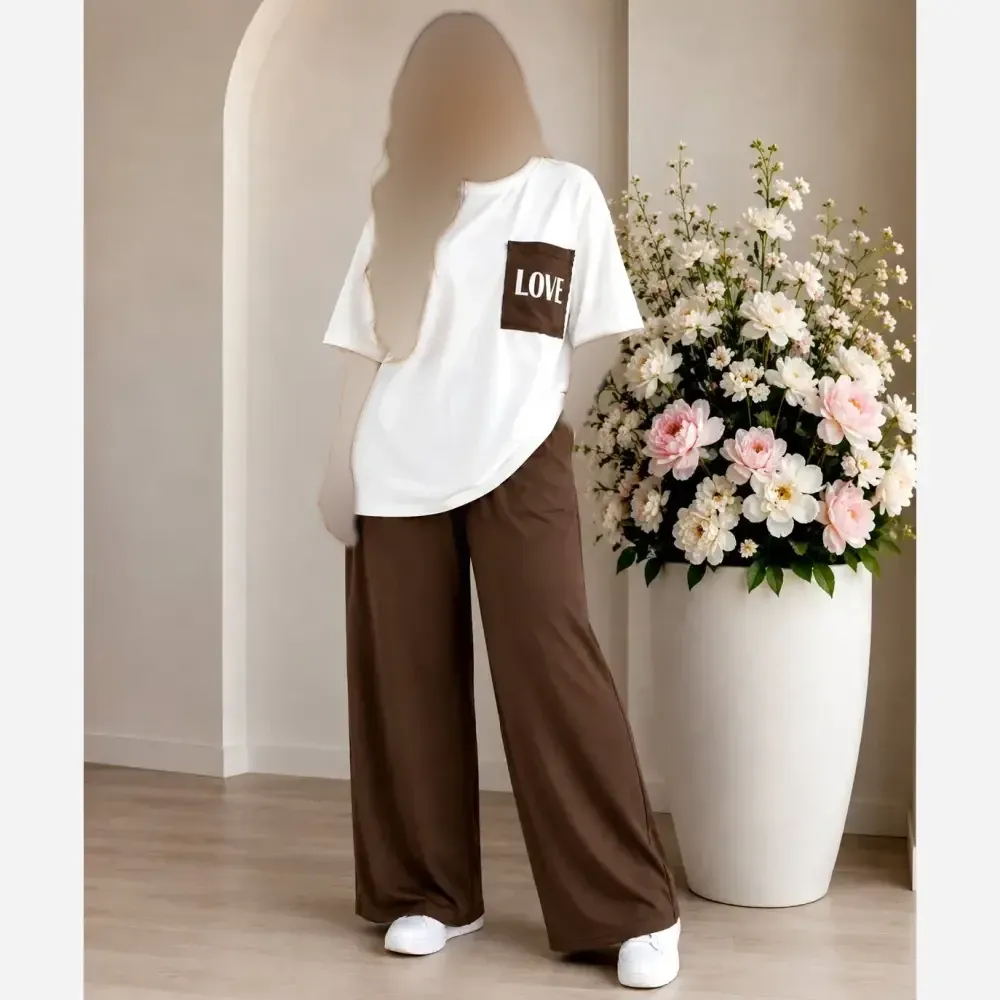 ست تیشرت شلوار زنانه Love جنس گلکسی نخ پنبه رنگی فری سایز