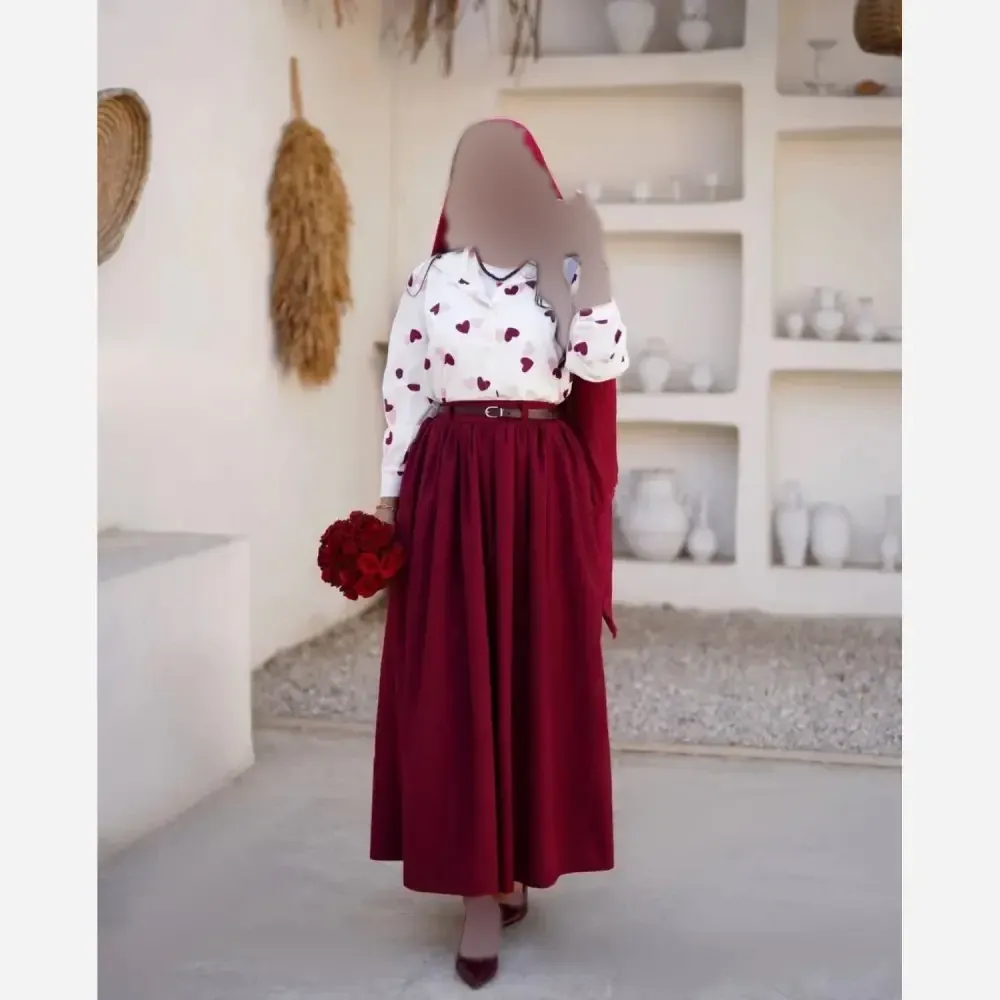 سه تیکه قلبی شومیز بوگاتی و دامن پوپلین کتان فری سایز