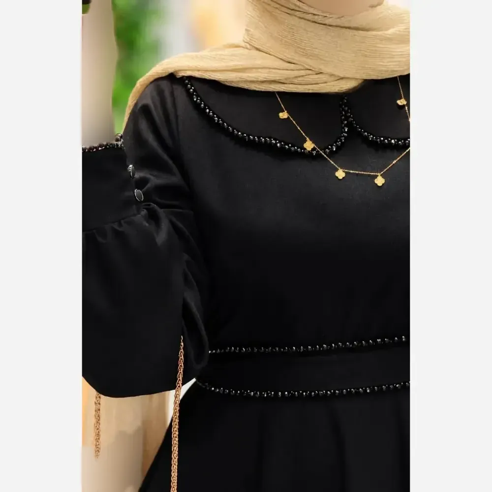 پیراهن بلند مروارید جنس الیزه خرجکار مروارید فری سایز تا 48