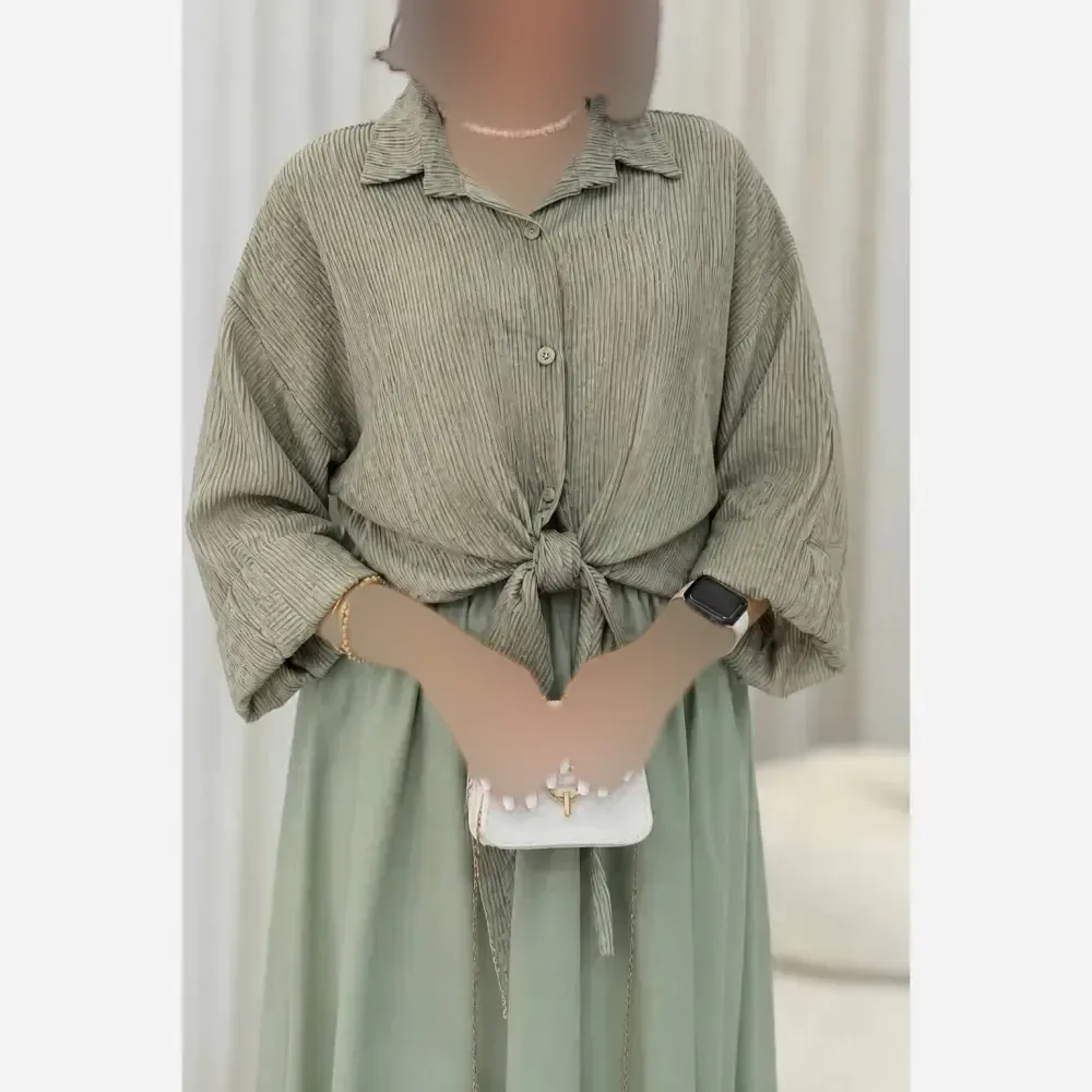 شومیز گره ای پلیسه کوپرا خشک طوسی فری سایز 36 تا 46