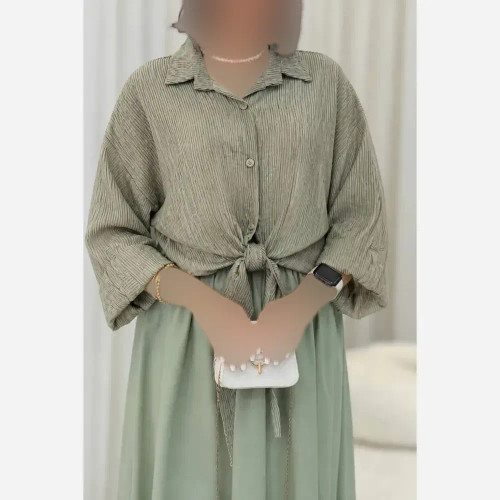 شومیز گره ای پلیسه کوپرا خشک طوسی فری سایز 36 تا 46