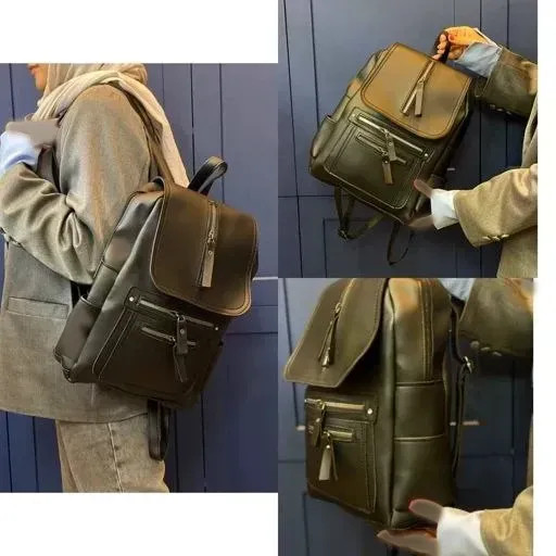 کوله پشتی دانشجویی دوزیپ چرم مشکی