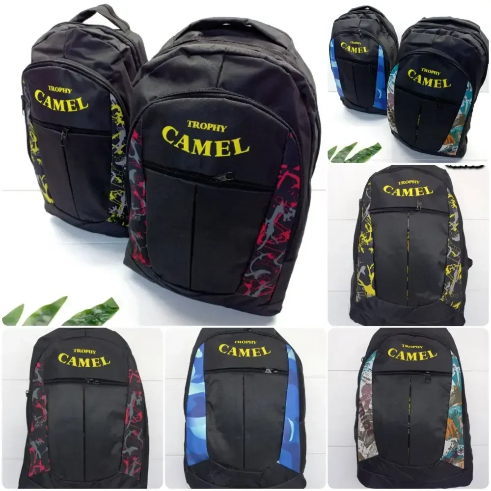 کوله پشتی برزنتی اقتصادی CAMEL سه زیپ با جای بطری سایز 45 در 35 سانت