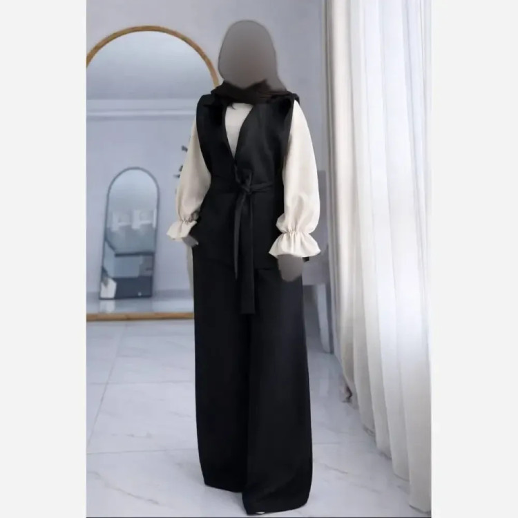 ست چهارتیکه زنانه یقه دلبر جنس بزیاق اعلا رنگ مشکی قهوه ای تیره سرمه ای سایز 38 تا 46 فری