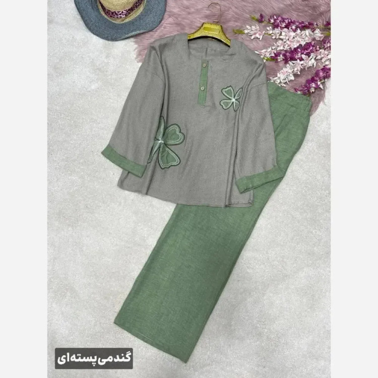 ست شومیز کنفی و شلوار شانتون مدل هیلدا سایز فری 38 تا 46