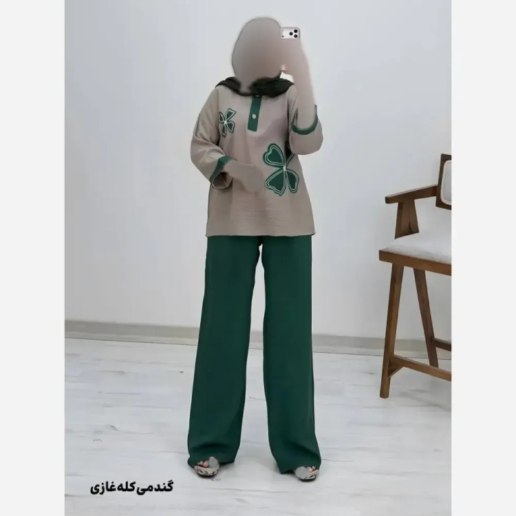 ست شومیز کنفی و شلوار شانتون مدل هیلدا سایز فری 38 تا 46