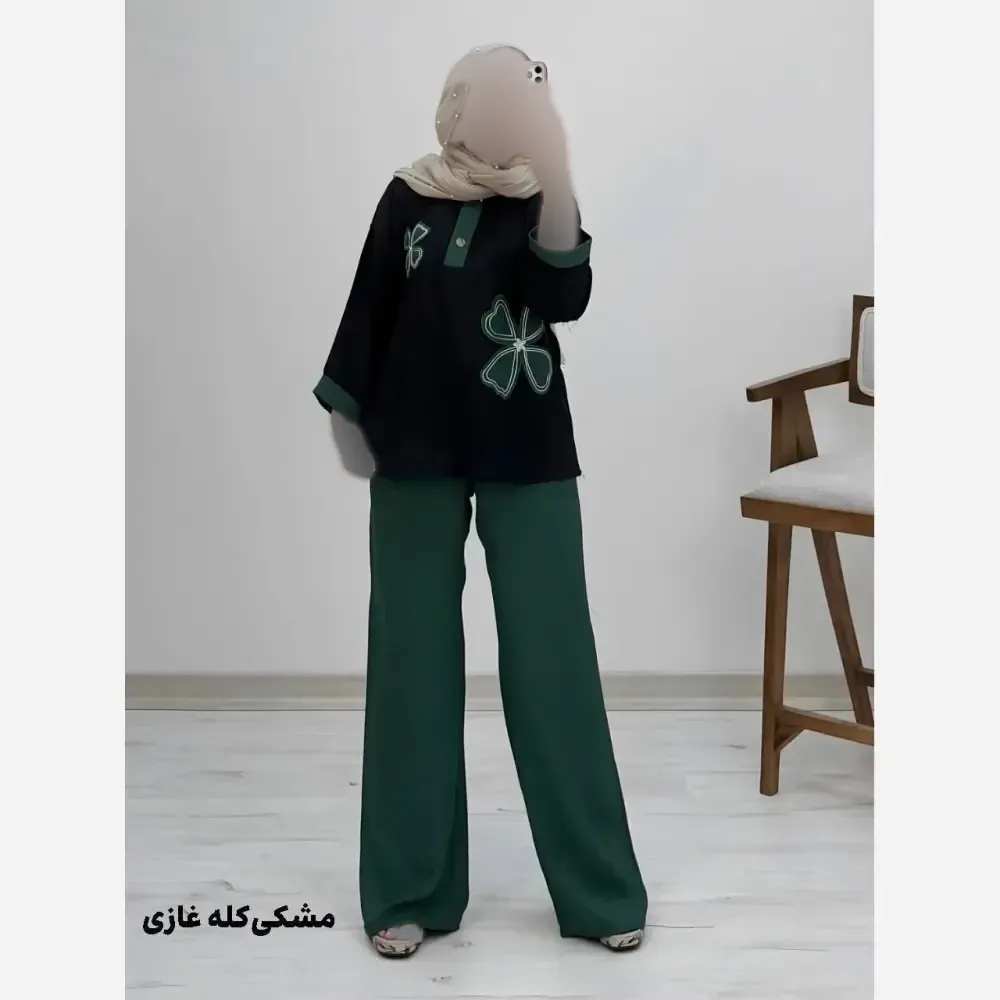 ست شومیز کنفی و شلوار شانتون مدل هیلدا سایز فری 38 تا 46