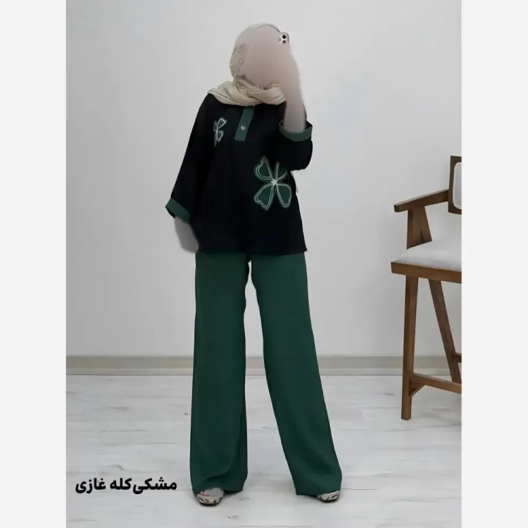 ست شومیز کنفی و شلوار شانتون مدل هیلدا سایز فری 38 تا 46